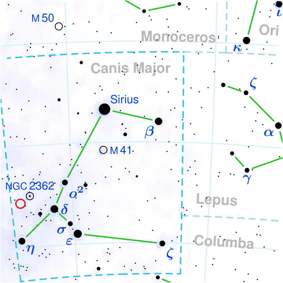 An image of the Canis Majoris Constellation with VY Canis Majoris' location highlighted